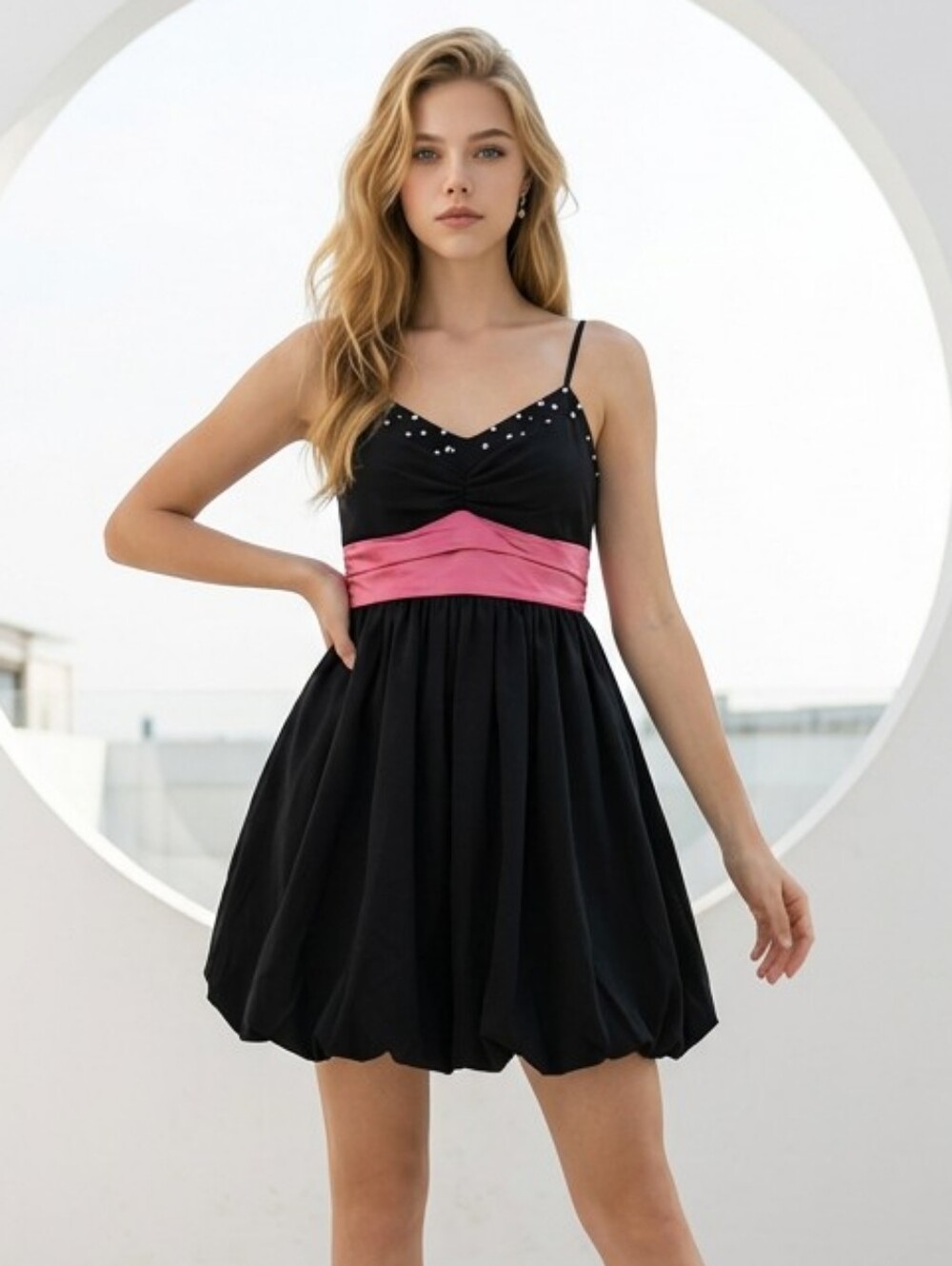 City Triangles Black Bubble Hem Party Dress Studded Neck Pink Satin Sash Mini M
